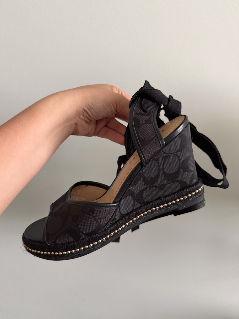 Coach Black Signature Canvas Wedge Sandals with Ankle Tie